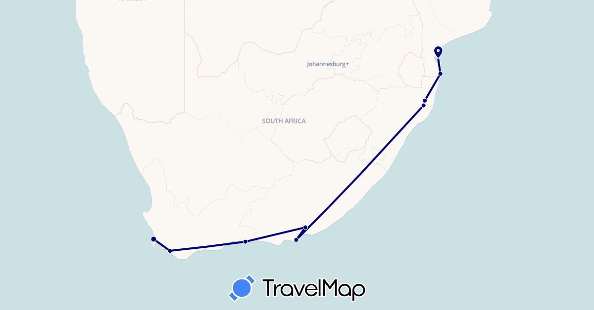 TravelMap itinerary: driving in Mozambique, South Africa (Africa)